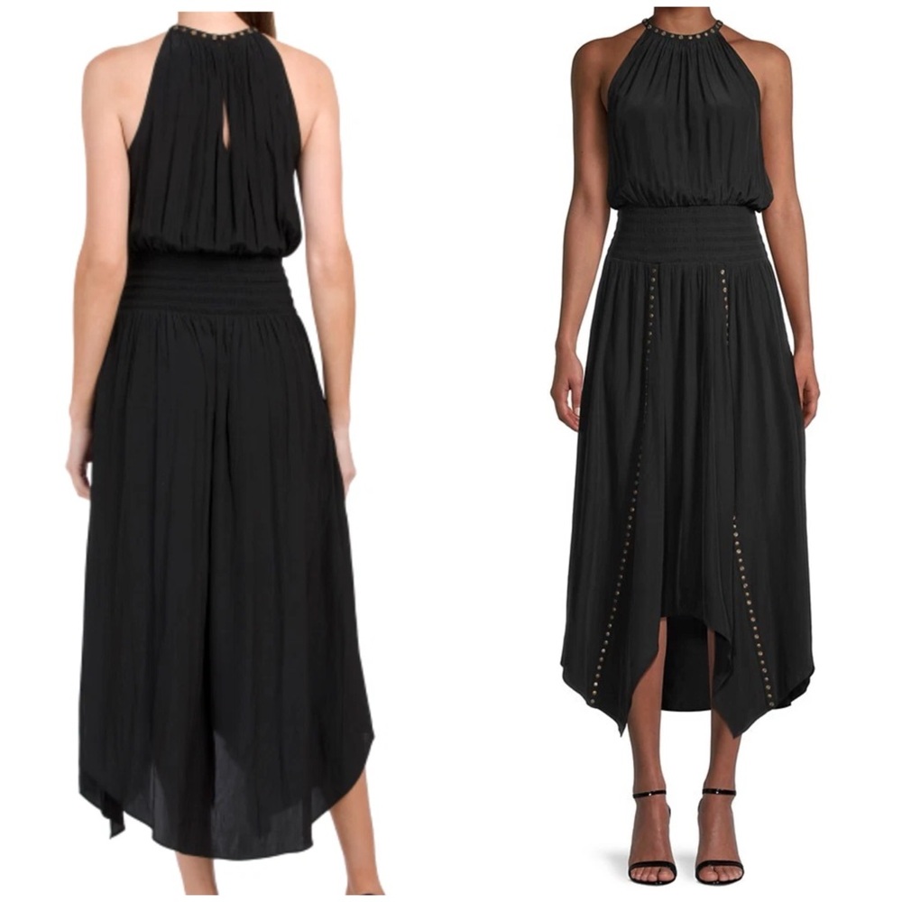 RAMY BROOK MELLY HALTER STUDDED SMOCKED WAIST ASYMMETRIC DRESS
BLACK S